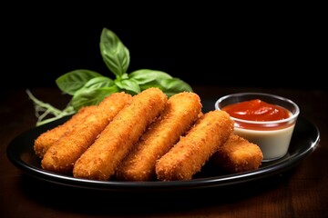 Crispy Golden Mozzarella Sticks Dipped in Marinara Sauce