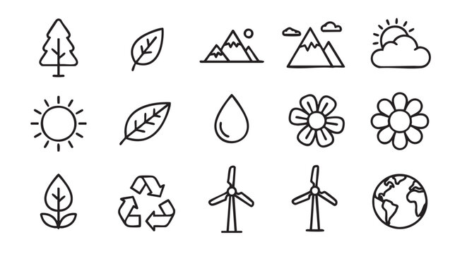 Black and white outline illustrations of nature and environmental concepts