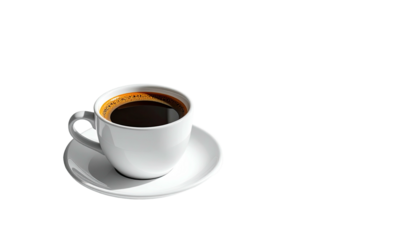 Glossy black coffee in a white cup and saucer, isolated