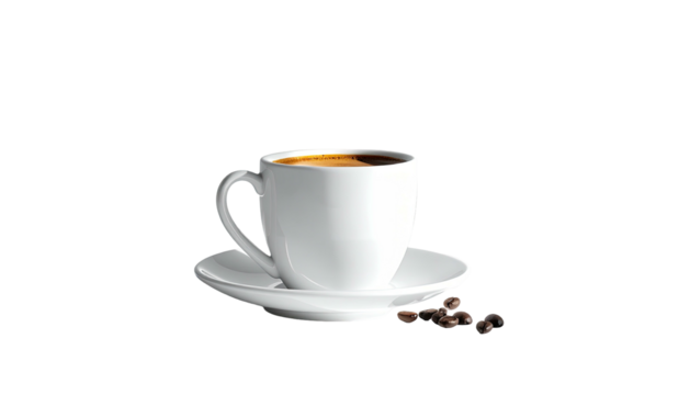 Coffee cup with saucer and beans on black background