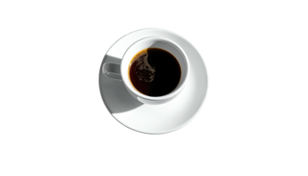 Dark coffee in white cup, saucer, isolated on black background