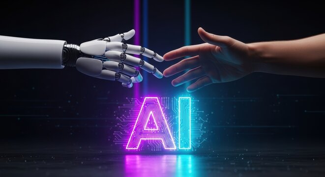 Human and robot hands reach for the digital neon sign conveying the concept of artificial intelligence and machine learning - Powered by Adobe