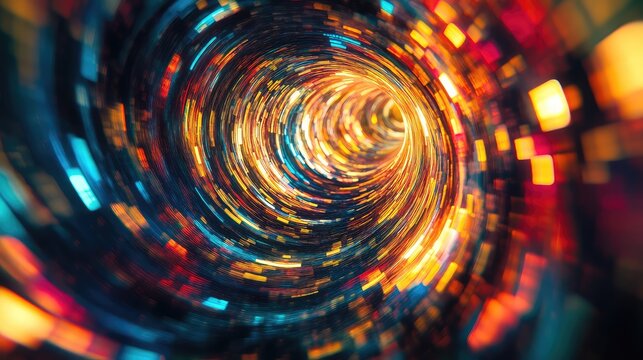Digital data flowing through abstract light tunnel