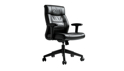 Black leather office chair against stark black background