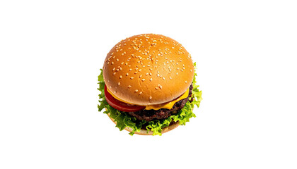 Juicy burger with lettuce and tomato, sesame seed bun, isolated