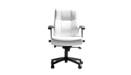 White leather office chair, black base, center shot, isolated