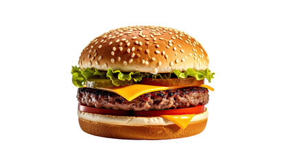 Delicious burger with sesame bun, meat, cheese, and vegetables