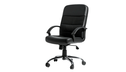 Black, faux-leather office chair with chrome base, isolated
