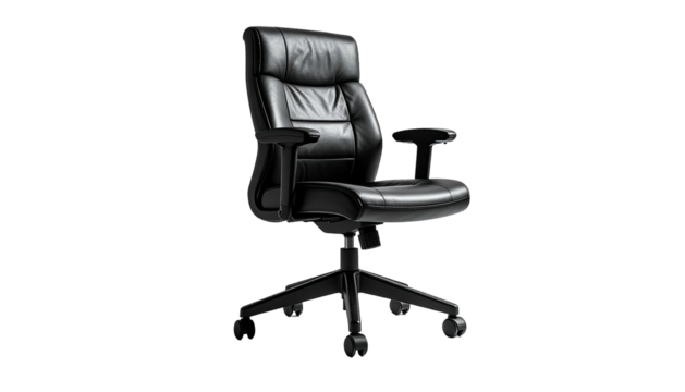 Black leather office chair against stark black background