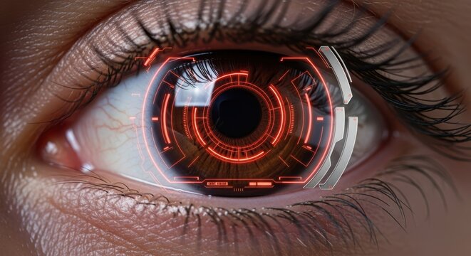 Human eye with futuristic interface overlay offers a vision of advanced technology and digital integration