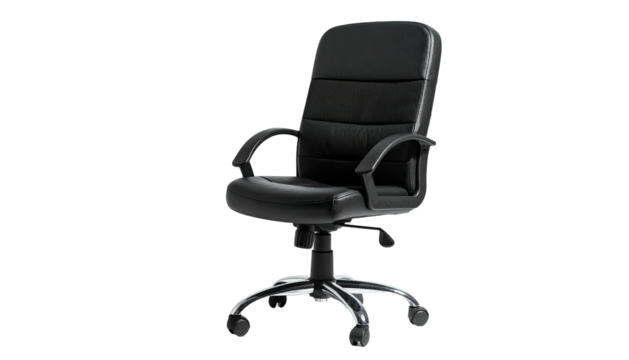 Black, faux-leather office chair with chrome base, isolated