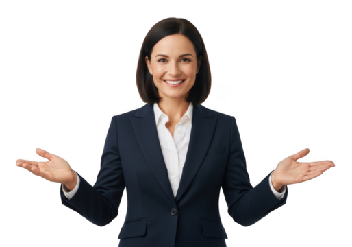 Smiling professional woman in a dark suit and white blouse gesturing openly with both hands isolated on transparent background
