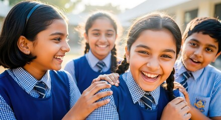 Group of Indian Students in Uniform Having Fun Outside School &ndash; Active play and friendship