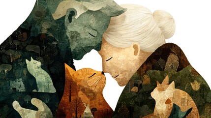 Elderly couple with cats sharing tender moment, their faces close in loving gesture, surrounded by intricate nature patterns blending into their clothing and skin textures