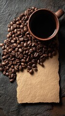 Rich Dark Coffee Beans Spill Onto Aged Parchment Beside Rustic Ceramic Cup.