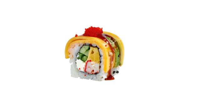 Vibrant sushi roll with orange topping, isolated on black