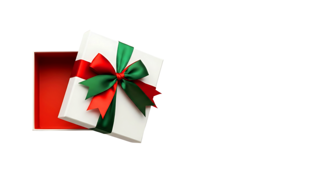 High-quality PNG of an open gift box decorated with a green and red ribbon bow, isolated on a clean white background. Ideal for Christmas, celebrations, promotions, and holiday-themed designs. - Powered by Adobe