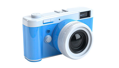 Blue and white retro-style digital camera with a round lens