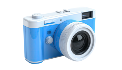 Blue and white retro-style digital camera with a round lens