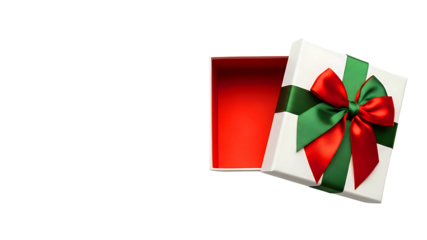 PNG image of a white gift box featuring a green and red decorative ribbon with an open lid revealing a vibrant red interior. Perfect for Christmas, winter holidays, promotions, and festive advertiseme