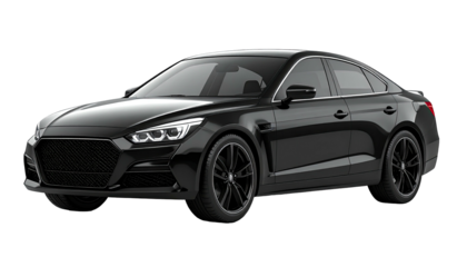 Sleek, dark sedan with mesh grille, sporty stance on black background