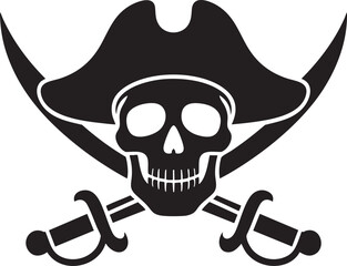 A stark black silhouette of a pirate skull wearing a tricorn hat, with two crossed cutlass swords behind it.