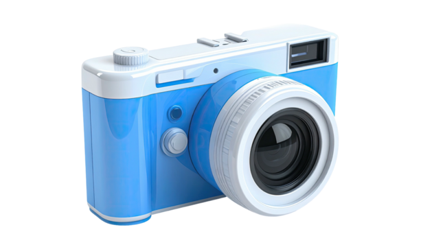 Blue and white retro-style digital camera with a round lens