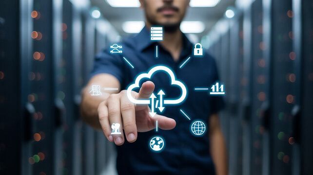 Man touching cloud computing icon in a server room, representing data storage and network technology - Powered by Adobe