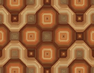 Seamless geometric pattern with layered squares and octagons in warm brown and tan tones. Retro style design evoking mid century vibes. Great for textile prints wallpaper or graphic design.