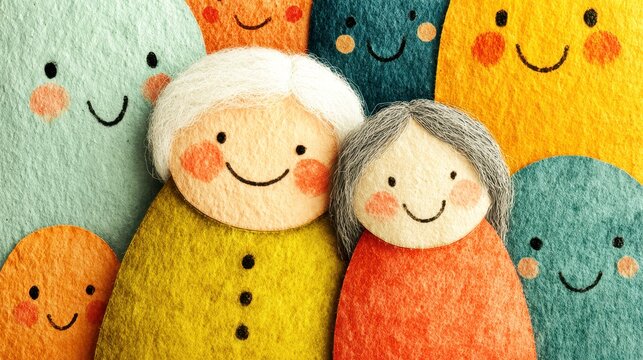 Elderly couple smiling happily surrounded by colorful smiling felt characters, creating warm and joyful bonding moment in playful and artistic style