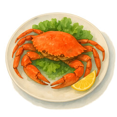 Watercolor Crab on Decorative Plate with Transparent Background
