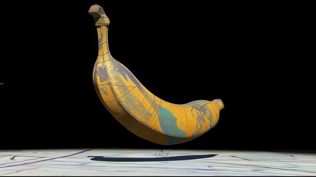 Abstract Textured Yellow Banana Rotating on Black Background