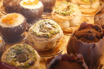 Delicious pastries displayed in a bakery window