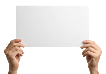 Studio Shot of Hands Displaying an Empty Horizontal Page, Cut Out, Clipping Path, Isolated on a Transparent PNG Background.