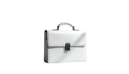 Glossy white briefcase with silver latch, centered in the frame
