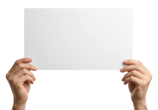 Studio Shot of Hands Displaying an Empty Horizontal Page, Cut Out, Clipping Path, Isolated on a Transparent PNG Background.