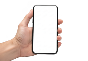 A human hand firmly grasping a modern smartphone with a blank gray screen held upright isolated on transparent background