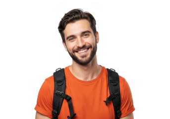 Smiling young man with backpack and orange t shirt isolated on transparent background