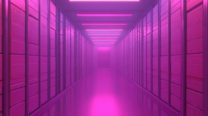 Server room data center hallway with magenta neon light