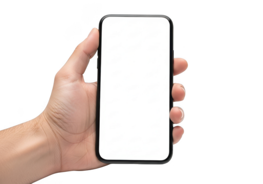 A human hand firmly grasping a modern smartphone with a blank gray screen held upright isolated on transparent background