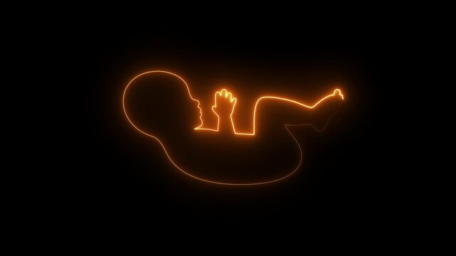 Neon newborn baby icon animation on black background, glowing infant symbol, maternity care neon outline, child healthcare illustration, bright baby sign for medical, hospital and parenting concepts