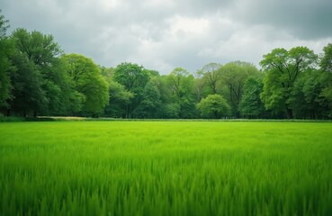 Fototapeta premium Vast green grass field stretches towards dense green forest under overcast sky. Lush woodland borders wide open meadow. Serene nature landscape.