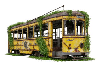 Abandoned yellow tram overgrown with greenery transparent background cutout png