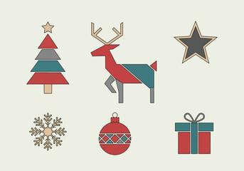 Geometric Christmas icons, including a tree, reindeer, star, snowflake, ornament, and gift box, arranged on a light background.