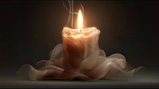 Burning White Wax Candle with Flickering Flame and Wisps of Smoke