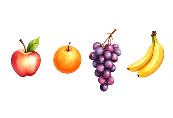 Four fresh fruits featuring red apple orange grape cluster and ripe bananas