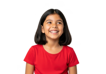 A joyful young girl with dark hair and a bright smile wearing a red t shirt isolated on transparent background
