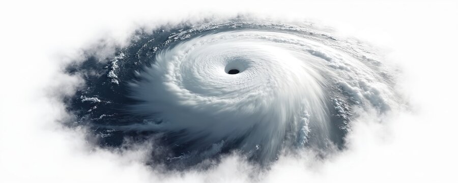 Aerial view of a powerful hurricane swirling over dark ocean waters. Intense storm clouds form a vortex with a clear eye. The natural phenomenon moves across the sea.