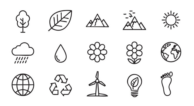 Collection of environmental icons illustrating nature and ecological concepts