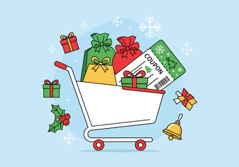 A shopping cart filled with gifts and a coupon, surrounded by festive elements like snowflakes and holly.